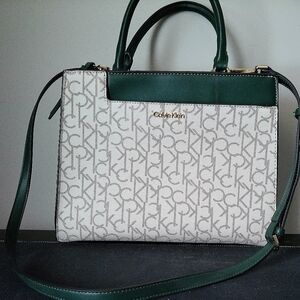 Calvin Klein Signature Green and Cream Satchel